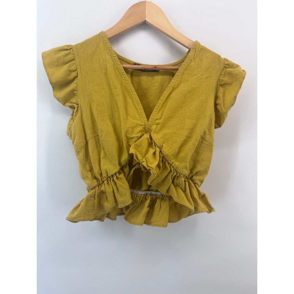Fancyinn Mustard Yellow Ruffle Sleeve Tie Front Crop Top M Fall Boho Dressy